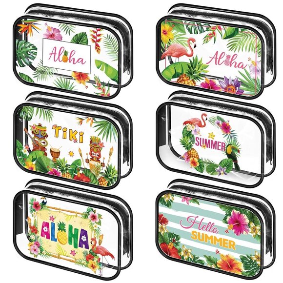 6 Pcs Hawaiian Clear Toiletry Bags Transparent Aloha Cosmetic Bags Waterproof PV